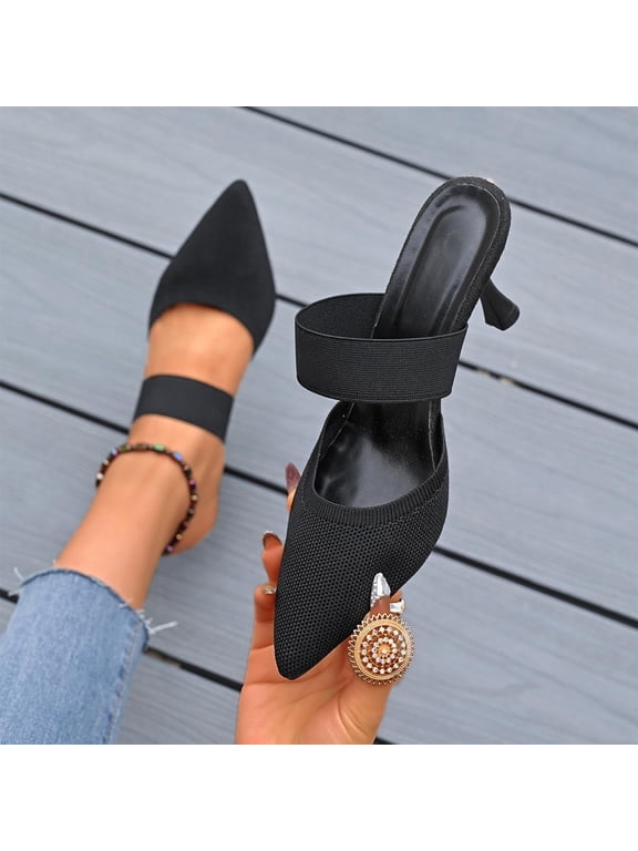 Pointed Toe Mules for Women Chunky Low Heeled Sandals Breathable Backless Mesh Knit Slip on Loafers Black 9(42)