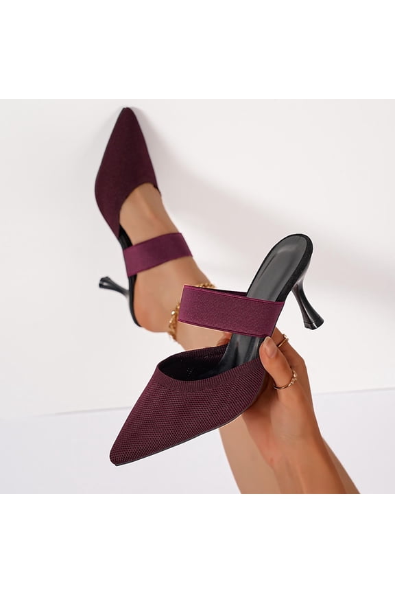 Pointed Toe Mules for Women Chunky Low Heeled Sandals Breathable Backless Mesh Knit Slip on Loafers Wine 5.5(36)