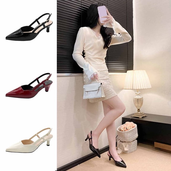 Miluxas Pointed Toe Slingback Kitten Heels for Women, Leather Stiletto Heel Pumps Elegant Bridal Heel Dating Party Work office Backless Pumps Shoes White 9(42)