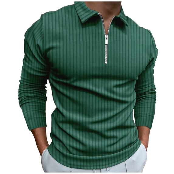 Miluxas Polo Shirts for Men Golf Shirts Long Sleeve Zip Up Lapel Business Smart Casual Tops Henley V Neck Rugby Green