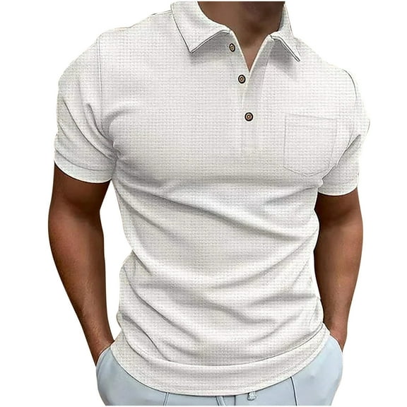 Miluxas Polo Shirts for Men Men Casual Solid Turndown Pullover Button Short Sleeve Blouse White 14(3XL)