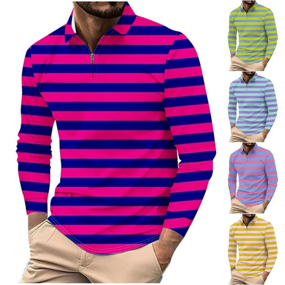 Miluxas Polo Shirts for Men Striped Lapel Zipper Pocket Long Sleeve T-Shirts Classic Business Work Loose Fit Lightweight Tees Yellow