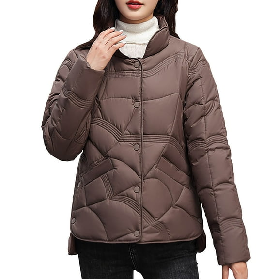 Miluxas Puffer Jacket for Women Solid Casual Long Sleeve Hoodless Jacket Winter Warm Clothes for Women Coffee M(M)