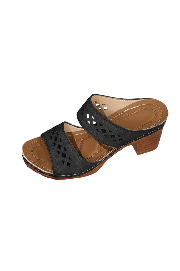 Retro High Heel Sandals for Women, Round Open Toe Heels Sandals, Chunky Block Thick Heel Slip on Mules Black 9(42)
