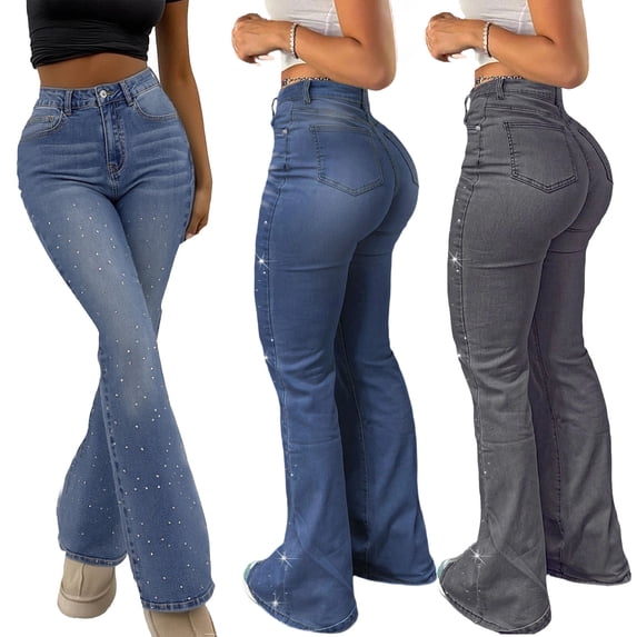 Miluxas Rhinestone High Waisted Jeans for Women Casual Flared Denim Pants Sparkly Slim Fit Street Wear Jeans Dark Gray