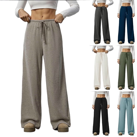 Miluxas Ribbed Knit Wide Leg Pants for Women Drawstring Waist Low Rise Casual Long Trousers Solid Streetwalk Pants Sky Blue