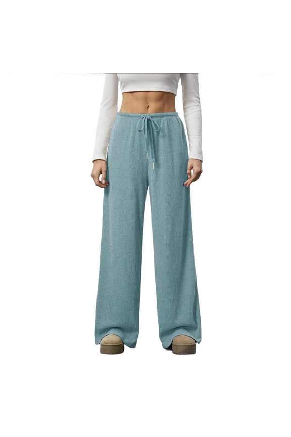 Ribbed Knit Wide Leg Pants for Women Drawstring Waist Low Rise Casual Long Trousers Solid Streetwalk Pants Sky Blue
