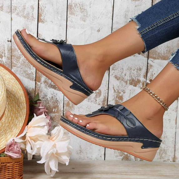 Miluxas Sandals Women Flip Flops Clearance: Wedge Platform Comfortable Beach Shoes Dressy Summer Sandals for Women Casual Slides Navy 9.5(43)