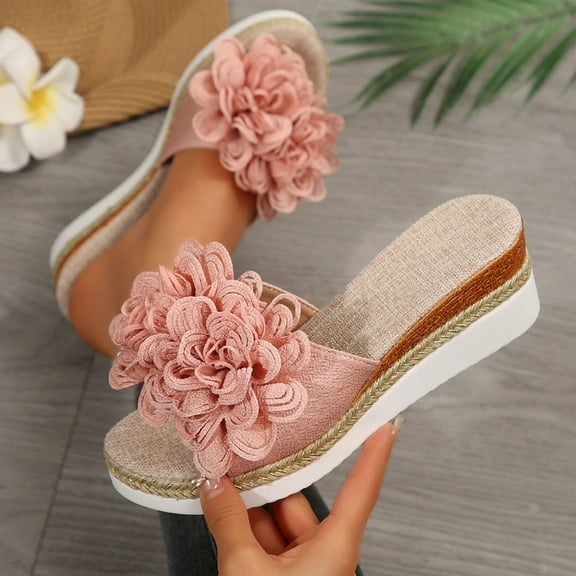 Miluxas Sandals for Women Dressy,Comfy Bow Flats Casual Platform Slope Heels Summer Beach Slippers Pink 7.5(40)