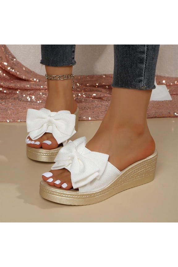 Sandals for Women Dressy, Comfy Bow Flats Casual Platform Heels Summer Beach Slippers White 6.5(38)