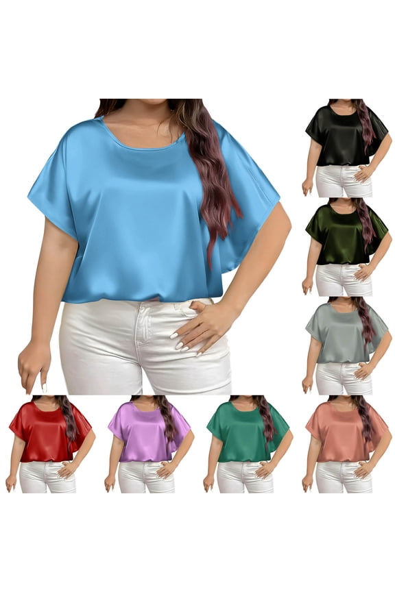Satin Blouse for Women Business Casual Short Sleeve Tops Crewneck Tshirt Silk Shirt Summer Clothes Red