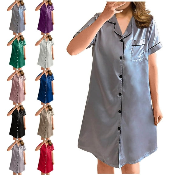 Miluxas Satin Nightgowns for Women Silk Sleepwear Button Down Sleepshirt Short Sleeve V-Neck Nightshirts with Pockets White 10(XL)