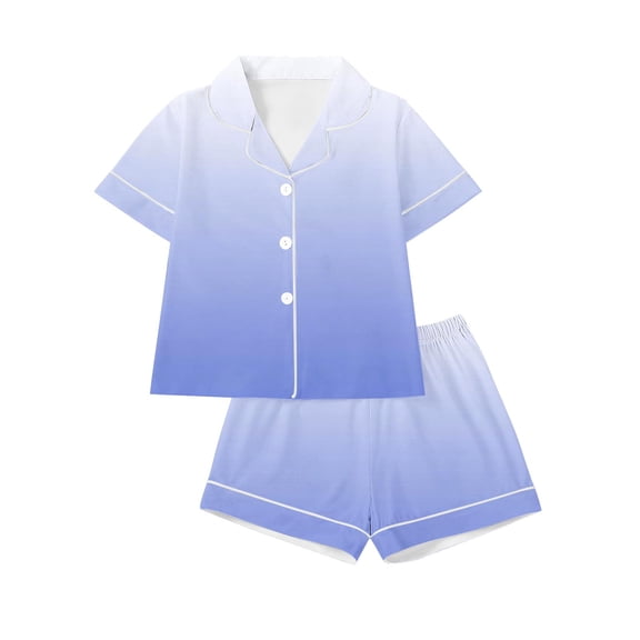 Miluxas Satin Silk Pajamas for Women 2Pcs Ruffle Lapel Sleepwear Button Down Short Sleeve Shorts Pajamas Set Loungewear Blue S(S)