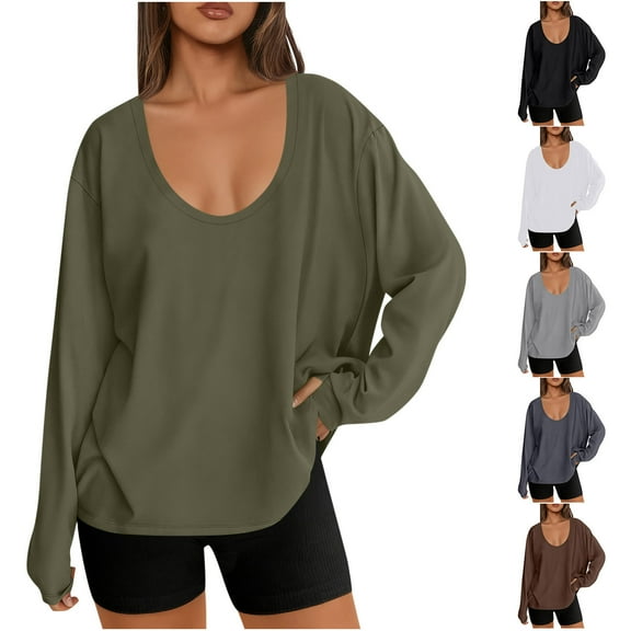 Miluxas Scoop Neck Long Sleeve Tops for Women, Loose Fit T-Shirts Casual Fall Layer Trendy Basic Tees for Ladies White XL(XL)
