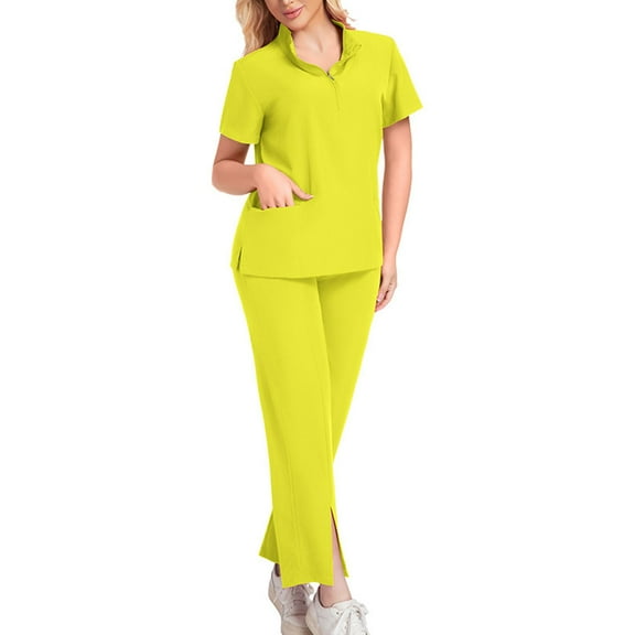 Miluxas Scrub for Women Set Collar Neck Scrub Top & Cargo Pants Yellow L(L)