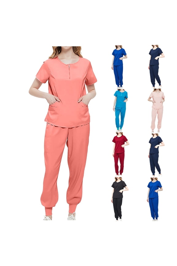 Scrubs Set for Women Nurse Uniform Jogger Suit Stretch Top & Pants with Pockets for Nurse Esthetician Workwear Wine 10(XL)