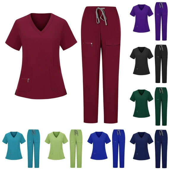 Miluxas Scrubs for Women Set Modern V-Neck Top & Jogger Pants Athletic Nursing Uniform Solid Stretch Workwear Wine XL(XL)