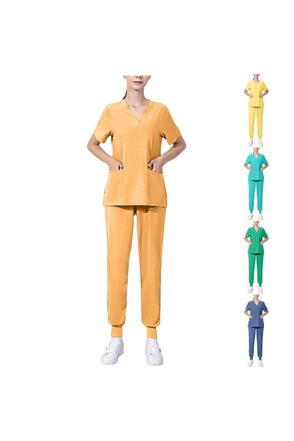 Scrubs for Women Set - Stretch V-Neck Scrub Top & Jogger Pant with Pockets Yellow 10(XL)