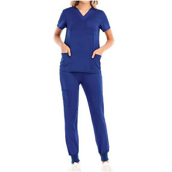 Miluxas Scrubs for Women Set, Stretchy Solid Color V-Neck Top & Jogger Pants with Multi-Pockets Blue 10(XL)