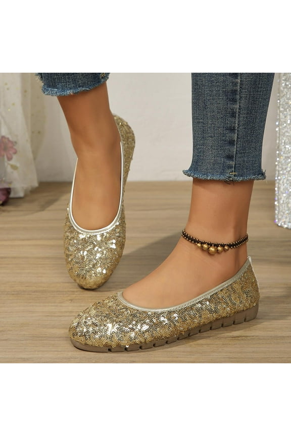 Sequin Dress Shoes for Women Round Toe Flats Shoes Lace Ballet Flats Dressy Comfortable Foldable Flats Low Heel Gold 9.5(43)
