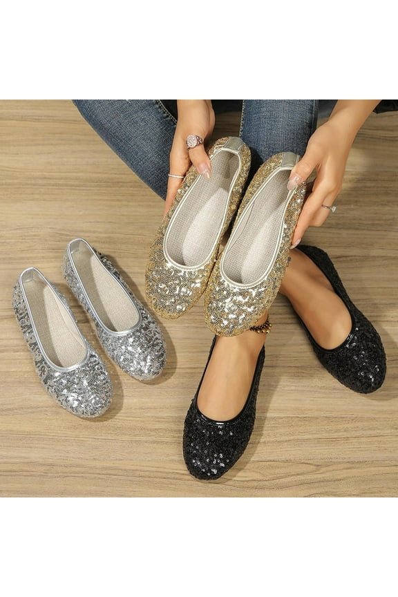 Sequin Dress Shoes for Women Round Toe Flats Shoes Lace Ballet Flats Dressy Comfortable Foldable Flats Low Heel Silver 9.5(43)