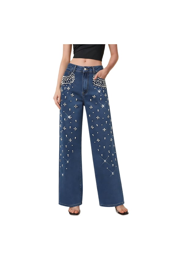 Sequin Jeans for Women Mid Waisted Straight Wide Leg Shimmering Jeans Casual Baggy Business Casual Dark Blue L(L)
