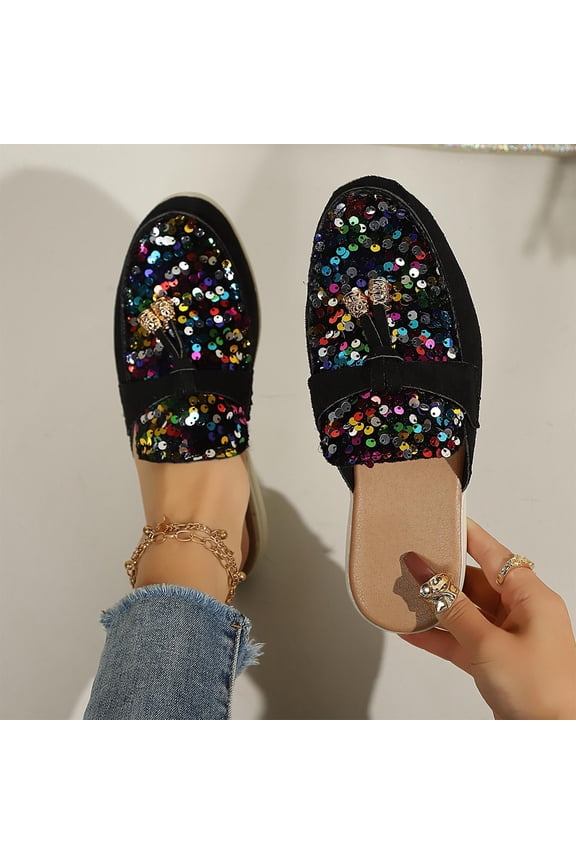 Sequin Mules for Women Flats Comfortable Slip on Backless Loafers Closed Toe Slides Women's Pointed Toe Mules Shoes Multicolor 6(37)