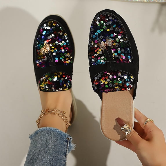 Miluxas Sequin Mules for Women Flats Comfortable Slip on Backless Loafers Closed Toe Slides Women's Pointed Toe Mules Shoes Multicolor 9.5(43)