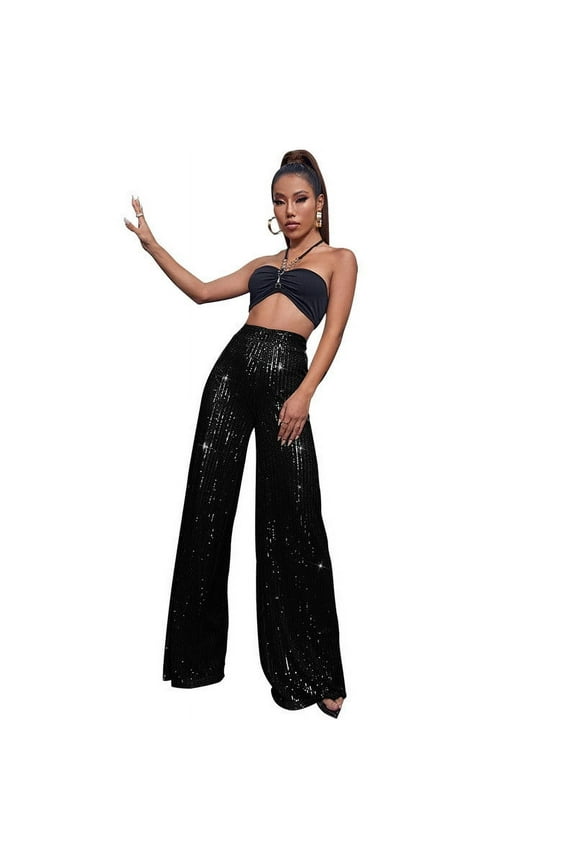 Sequin Pants Women Sparkle Wide Leg Flare Elastic High Waist Disco Glitter Pants Black 6(M)