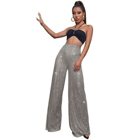 Miluxas Sequin Pants Women Sparkle Wide Leg Flare Elastic High Waist Disco Glitter Pants Gray 12(XXL)