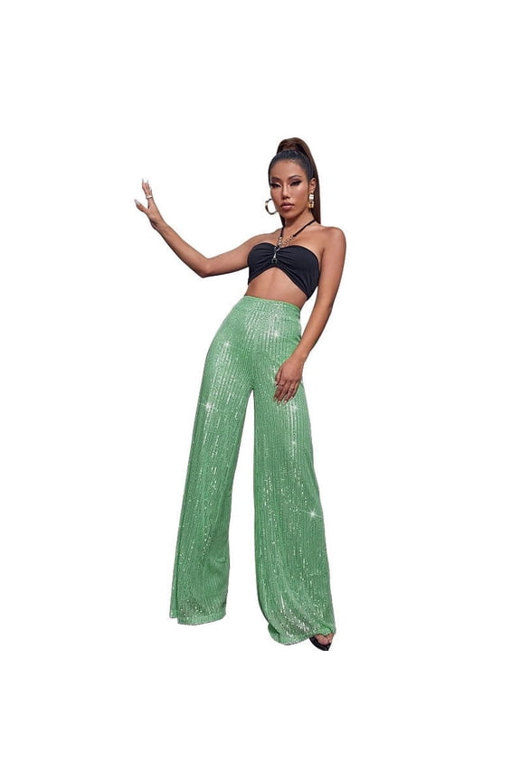 Sequin Pants Women Sparkle Wide Leg Flare Elastic High Waist Disco Glitter Pants Green 8(L)