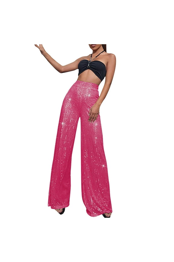 Sequin Pants Women Sparkle Wide Leg Flare Elastic High Waist Disco Glitter Pants Hot Pink 8(L)