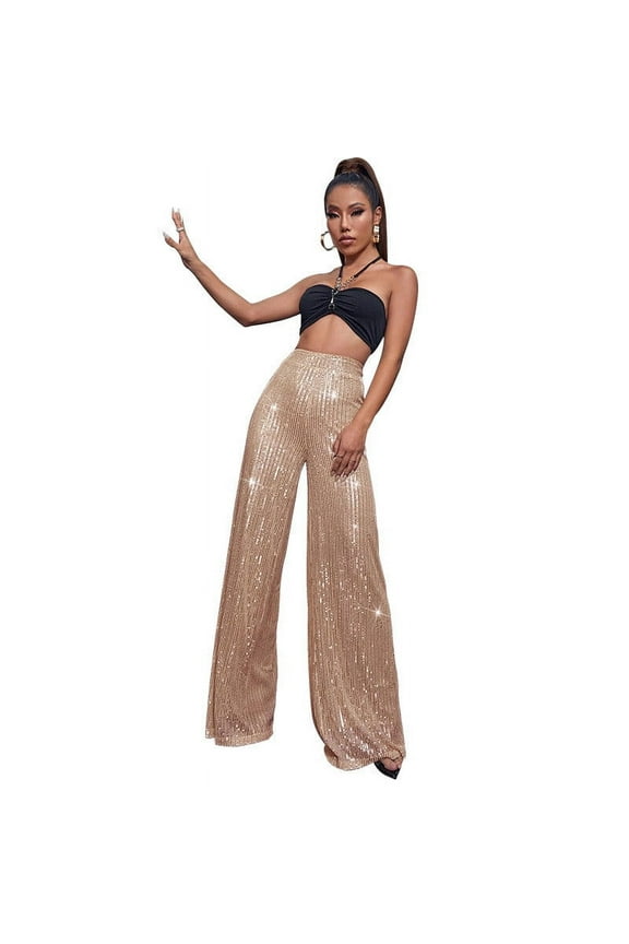 Sequin Pants Women Sparkle Wide Leg Flare Elastic High Waist Disco Glitter Pants Rose Gold 4(S)