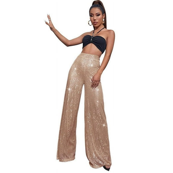 Miluxas Sequin Pants Women Sparkle Wide Leg Flare Elastic High Waist Disco Glitter Pants Rose Gold 6(M)