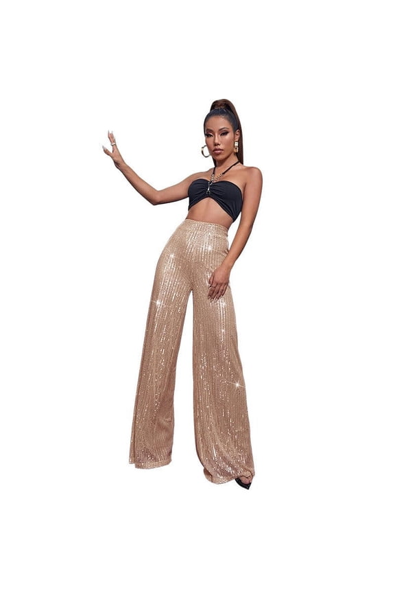 Sequin Pants Women Sparkle Wide Leg Flare Elastic High Waist Disco Glitter Pants Rose Gold 6(M)