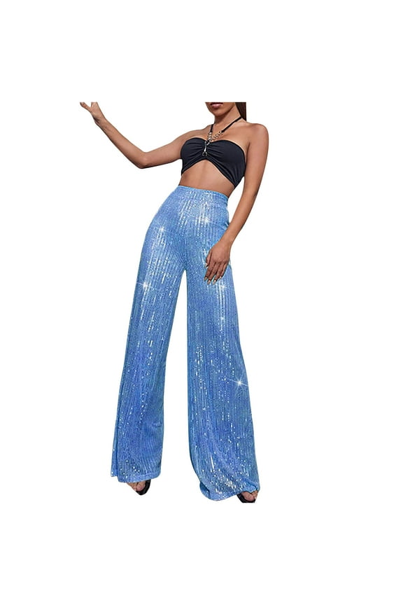 Sequin Pants Women Sparkle Wide Leg Flare Elastic High Waist Disco Glitter Pants Sky Blue 4(S)