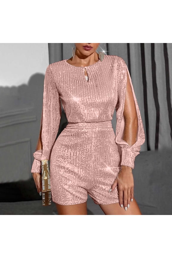 Sequin Rompers for Women Long Sleeve Jumpsuits Playsuits Sparkle Metallic Party Romper Pink 12(XXL)