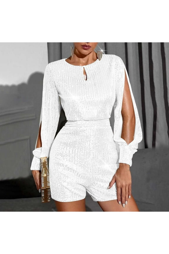 Sequin Rompers for Women Long Sleeve Jumpsuits Playsuits Sparkle Metallic Party Romper White 8(L)