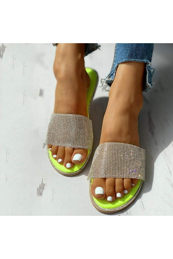 Sequin Sandals Summer Women's Rhinestone Sandals Glitter Strappy Round Open Toe Slide Flat Sandals Yellow 9(42)