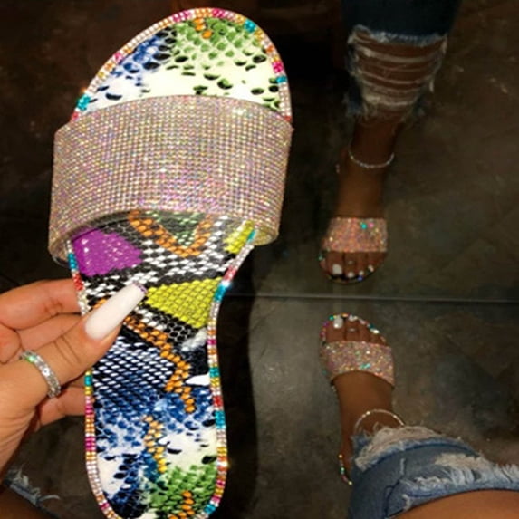 Miluxas Sequin Sandals Summer Women's Rhinestone Sandals Glitter Strappy Round Open Toe Slide Flat Sandals Multicolor 4.5(35)