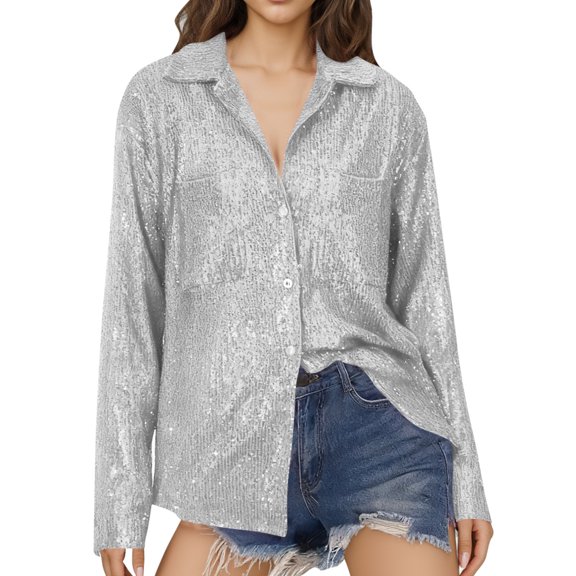 Miluxas Sequin Tops for Women Button Shirt Sparkly Blouse V Neck Glitter Plus Size Holiday Evening Party Shiny Dressy Shirts Gray L(L)