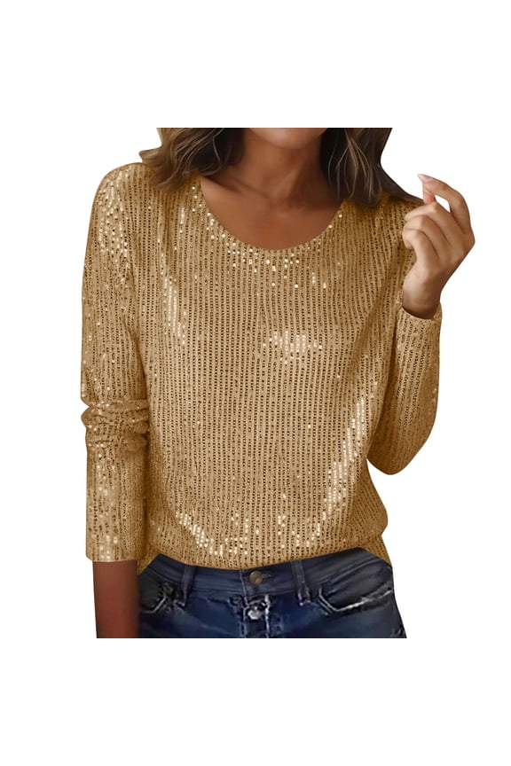 Sequin Tops for Women Long Sleeve Sparkly Glitter Shirts Sequin Blouse for Party Night Gold L(L)