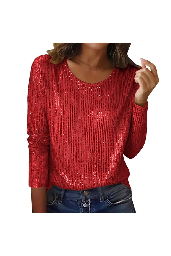 Sequin Tops for Women Long Sleeve Sparkly Glitter Shirts Sequin Blouse for Party Night Red M(M)