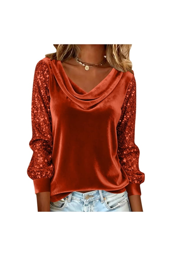 Sequin Tops for Women Shinny Cowl Neck Sweatshirt Long Sleeve Sparkly Shirts Party Dressy Clothes Glitter Shirts Orange XXL(XXL)
