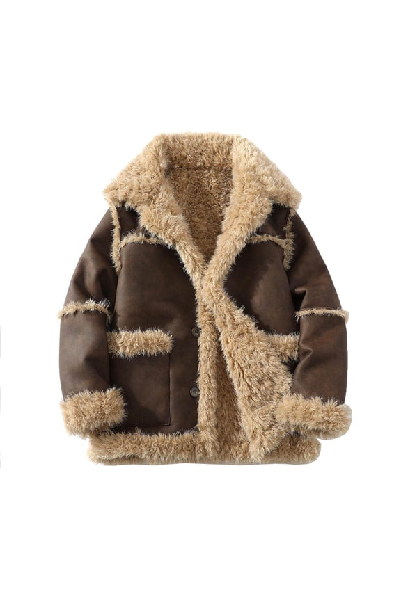 Shearling Coat Men Warm Fleece Lined Coat Aviator Shearling Sheepskin Leather Winter Jacket Lapel Work Cargo Jackets Khaki