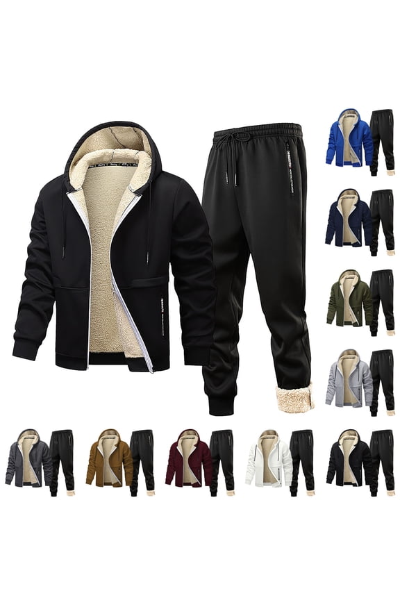 Sherpa Lined Sweatsuit Men Winter 2 Piece Set Thicken Warm Casual thermal Fleece Full Zip Hoodie Coat and Pant Outfits White