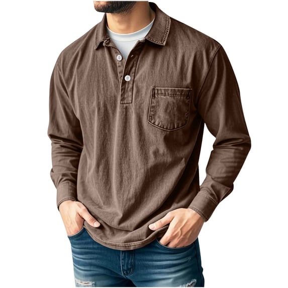 Miluxas Shirt for Men Pullover Long Sleeve Shirt Casual Work Collared Shirt with Pocket Half Button Up Top Brown