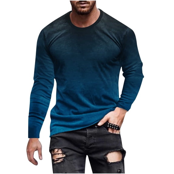 Miluxas Shirts for Men Long Sleeve Casual Loose Gradient Color Print Crewneck Sweatshirt Lightweight Gym Workout Pullover Top Navy