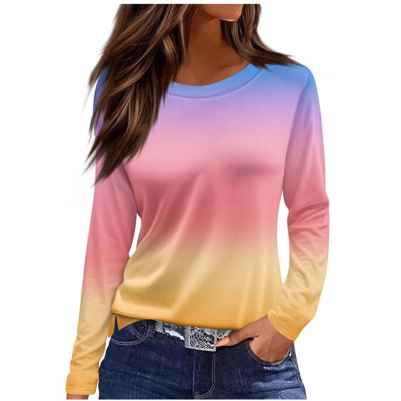 Miluxas Shirts for Women Long Sleeve Crewneck Gradient Print Casual Dressy Tops Fall Fashion Clothes Yellow L(L)