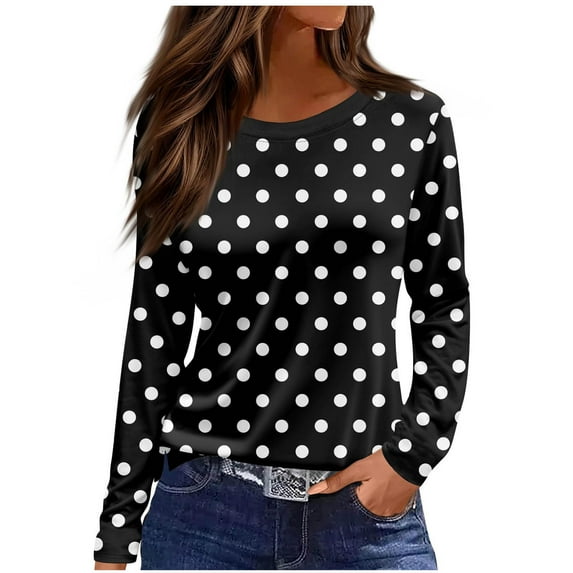Miluxas Shirts for Women Long Sleeve Crewneck Polka Dot Print Casual Dressy Tops Fall Fashion Clothes Black XL(XL)